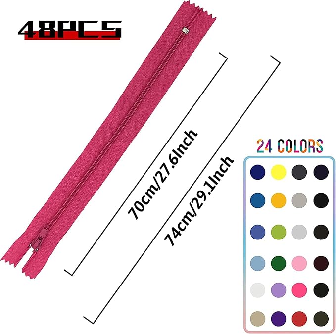 28 Inch Zipper, DOITEM 24 pcs 70cm/28 Inch Multicolor Nylon Coil Zippers for Sewing and Crafts 24 Colors