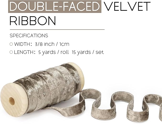 Velvet Taupe Ribbon Double-Sided Handmade Glossy Fabric Trim Wooden Spool Thin Ribbons for Christmas Tree Gift Wrapping Crafts Wedding Flower Bouquet 3/8 inch x 5YD 3 Rolls