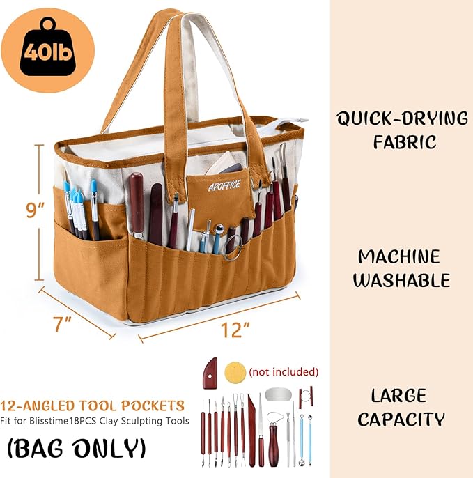 APOFFICE Pottery Tools Bag with Pockets for Clay Sculpting Tools, Ceramic Tools– Art Supply Organizer for Polymer Clay Tools, Craft Tote, Yarn & Crochet Storage, Washable Canvas Artist Bag Gift