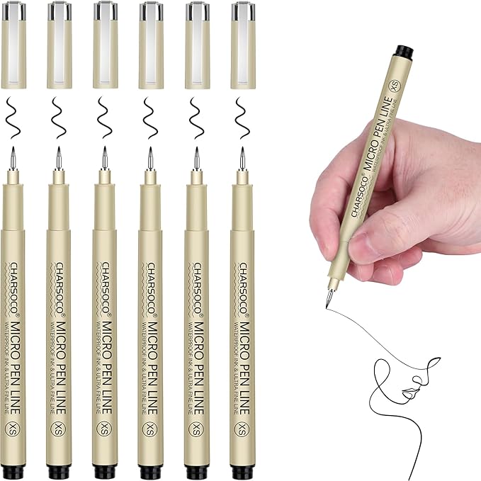 XS Micro Pen, 6 Pack Black Fine Point Pen with Waterproof Archival Ink, 1-2mm Fineliner Ink Pens for Artist Illustration, Sketching, Anime, Manga, Technical Drawing and Scrapbooking