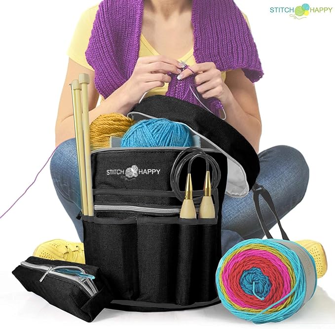 Designer Stitch Happy Knitting Starter Kit: 20 Piece Knitting Kit for Beginners & 7 Pocket Yarn Bag, Signature Yarn Storage - Black