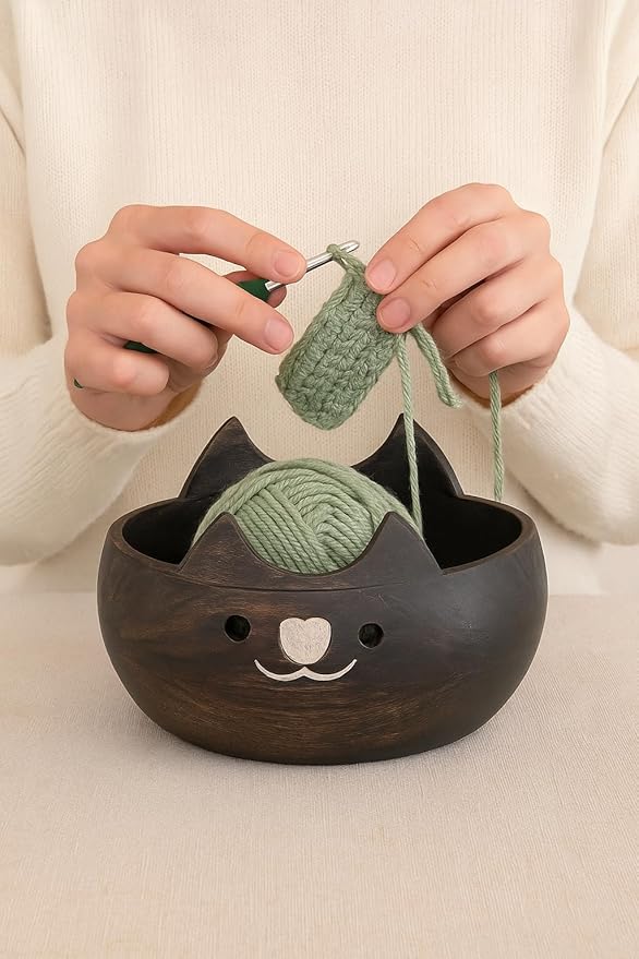 Christmas Gifts for Women Cat Yarn Bowl Knitting Bowl Large Crochet Yarn Holder YB2203 Handmade Crocheting Accessories and Supplies Organizer 7 x 3 Wooden White Elephant Gifts