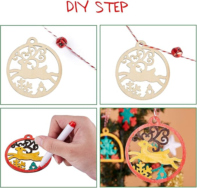 Artmag 50pcs Unfinished Wooden Hanging Ornaments for Christmas Decorations,5 Styles DIY Wood Slices with Holes for Crafts Centerpieces Holiday Hanging Decorations