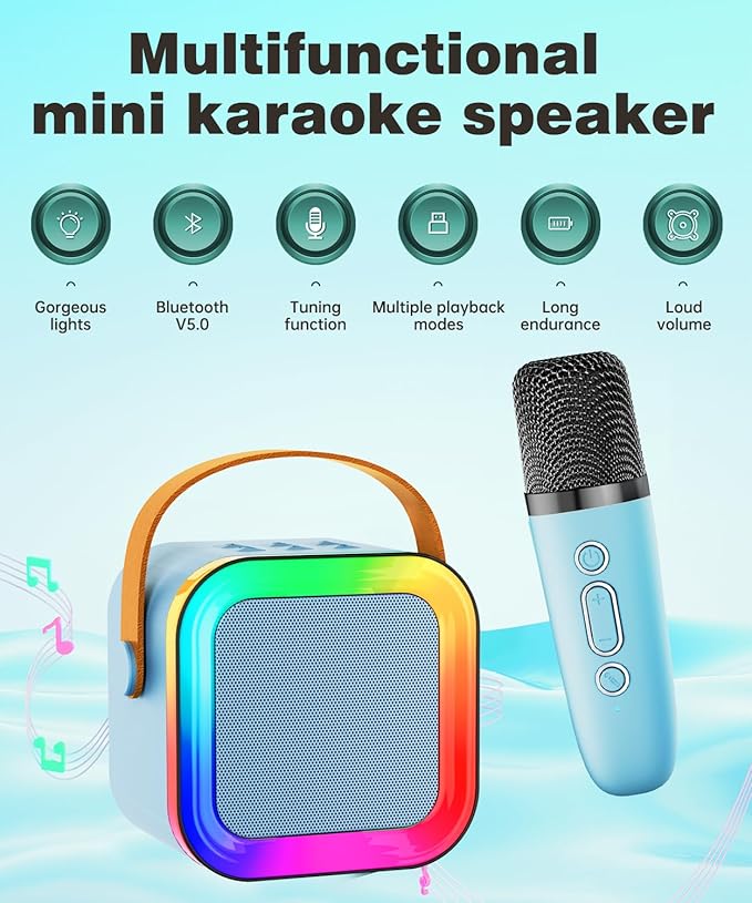 Mini Karaoke Machine Speaker for Kids Adults,Portable Bluetooth with 1-2 Wireless Microphones,Christmas Birthday Gifts Toys Girls Boys Ages 4, 5, 6,7, 8,9,10,11,12+ Years Old Toddler (Blue - 2 Mic)