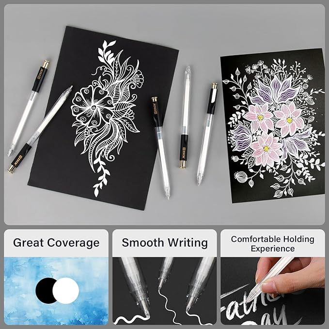 Retractable White Gel Pen, 7 Nib Sizes - Precision Large Capacity Opaque White Archival Gel Ink Pens, Fine Point Smooth Writing Highlighter Pens for Black Paper Note Taking Aesthetic Art Supplies