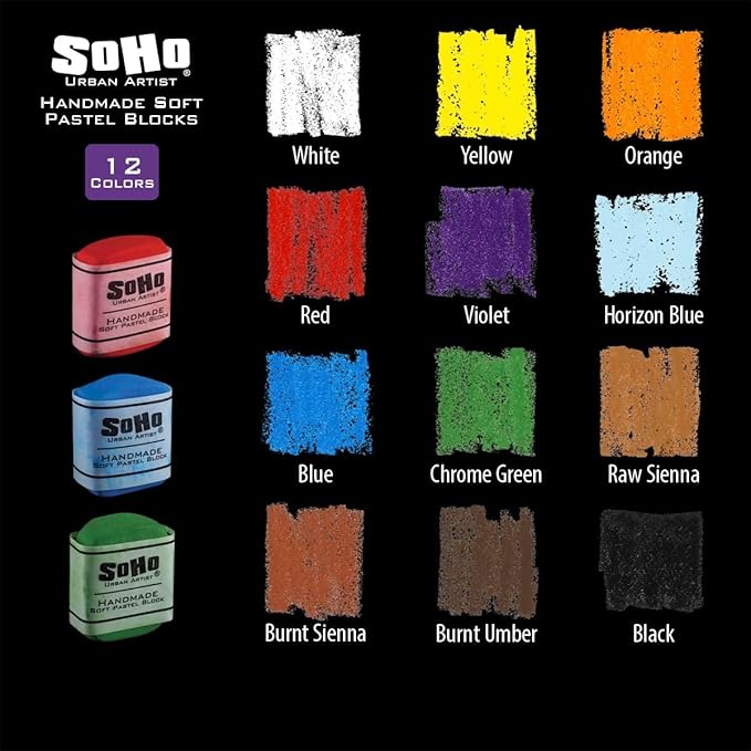 Soho Urban Artist Handmade Soft Pastel Blocks - Assorted Set of 12 Professional Pastels - Velvety Colors for Toning Paper, Large-Scale Drawings, & Layering - Lightfast and Highly Pigmented