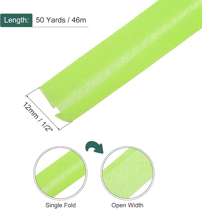 MECCANIXITY 1/2 Inch Single Fold Bias Tape Polyester Continuous Bulk Bias Tape for Sewing,Seaming Quilting Hemming Binding Crafts (Fluorescent Green 50 Yards)