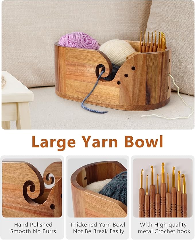 Oval Yarn Bowl, Crochet Yarn Holder with 9pcs Knitting Hooks, Yarn Storage Crochet Bowl Knitting for Crocheters, Large Yarn Bowl Acacia Wooden 11.3x5.9x4.7inch (Acacia Yarn Bowl)