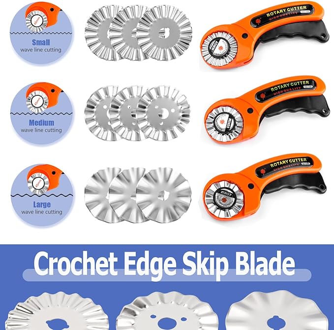 Mesee 9Pcs 45mm Pinking Rotary Cutter Blades 3 Types Wave Rotary Blade Set Decorative Edge Blades Replacement Refill Quilting Cutting Tool Accessories for Sewing Fabric Leather Paper Arts Crafts