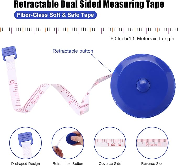 Measuring Tape Retractable, 60 Inch Soft Fabric Tape Measure for Body, Push Button Sewing Measurement Tape for Cloth Waist(3 Pack/Green Black Blue)