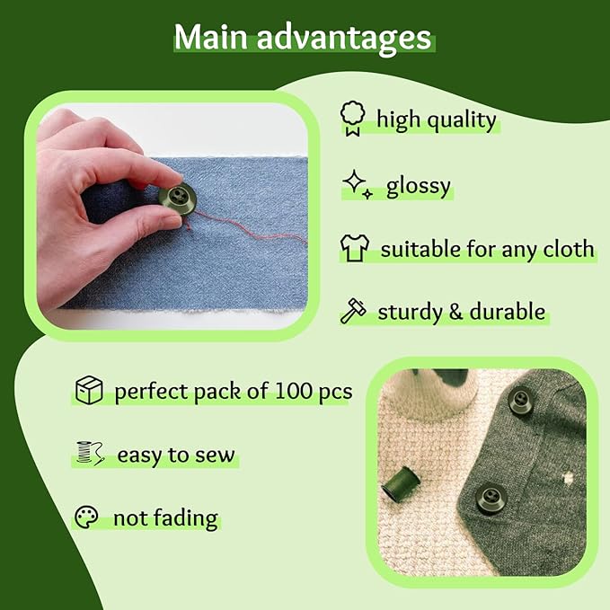 100 Pcs 3/4" Olive Drab 4 Hole Buttons for Sewing 0.75 inch Uniform Buttons 30L 19mm Plastic Green Glossy Ideal for Jacket Work Uniforms Workwear School Outfits Aprons Pants Bags DIY Crafts