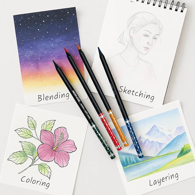 Black Wood Professional Colored Pencils Set, Oil-Based, 4mm Soft Core for Artists, Drawing, Sketching, Shading, Blending, Layering, Adult Coloring Books, Pre-Sharpened in Metal Tin Box (48 Colors)