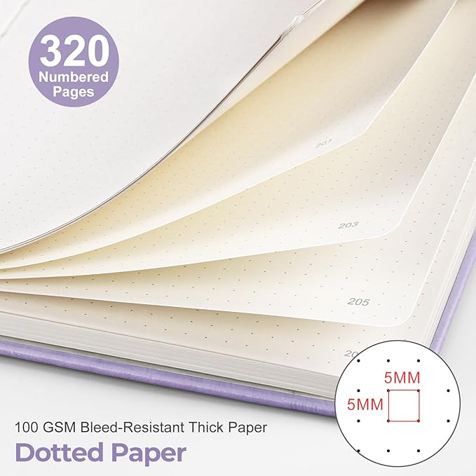 EMSHOI Bullet Dotted Journal Notebook - 320 Pages, 100gsm Thick Paper, A5 Hardcover Leather, Dot Grid Notebook for Women Men Work Writing, Bullet Journaling, Drawing, 5.75 x 8.38, Light Purple