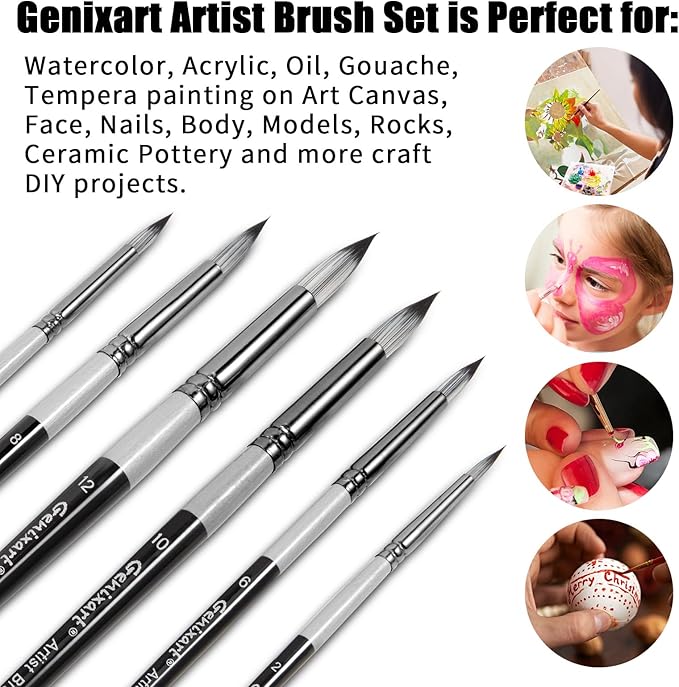 Round Pointed Tip Paint Brushes Set, 6 Pcs Artist Paintbrushes for Acrylic Oil Watercolor Gouache Painting, Premium Nylon Hair Art Paint Brush for Beginners and Professionals