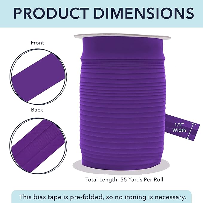 Mandala Crafts 1/2 Inch Single Fold Bias Tape for Sewing, Quilting, Piping, Hemming, Blanket & Quilt Binding – 55 Yards Purple Fabric Seam Binding Tape