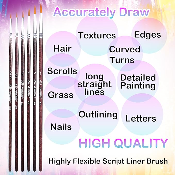 6 Pcs Rigger Brush Watercolor, Liner Brushes for Painting Extra Long Script Liner Brush Highly Flexible Fine Tip Paint Brushes for Acrylic Watercolor Oil Gouache
