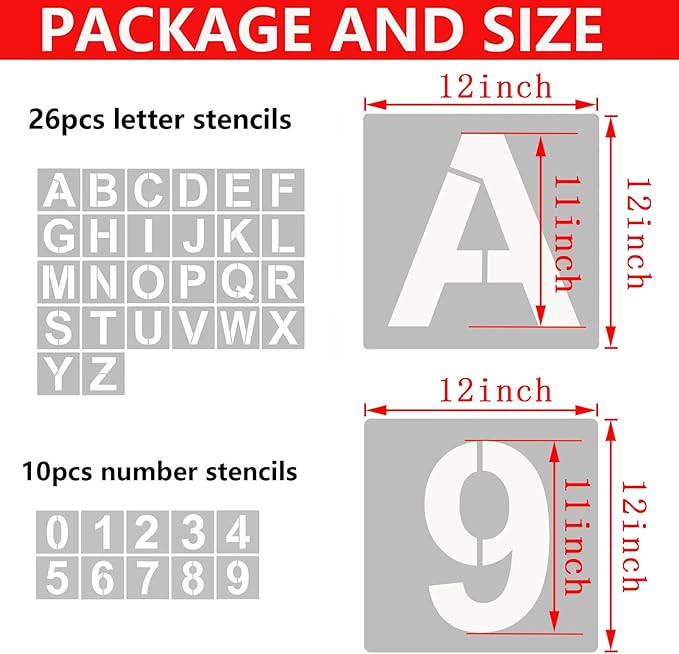 YEAJON 12 Inch Letter Stencils and Numbers, 36 Pcs Alphabet Art Craft Stencils, Reusable Plastic for Wood, Wall, Fabric, Rock, Chalkboard, Signage, DIY School Projects (12 Inch)