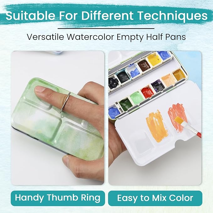 Empty Watercolor Palette with Paint Tray and 14PCS Empty Watercolor Half Pans - Sturdy Empty Watercolor Palette Tin - Watercolor Travel Palette Empty