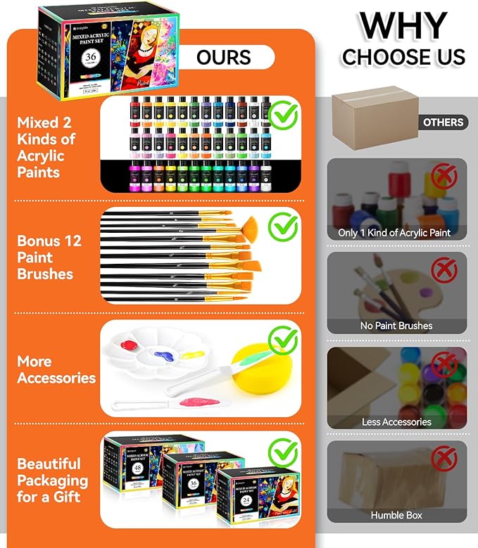 52 PCS Classic & Pastel & Glow in the Dark Acrylic Paint Set with 12 Brushes, 2 Knives & Palette, 36 Colors Art Craft Paint for Beginners, Canvas Ceramic Rocks Wood Painting Kit Art Supplies