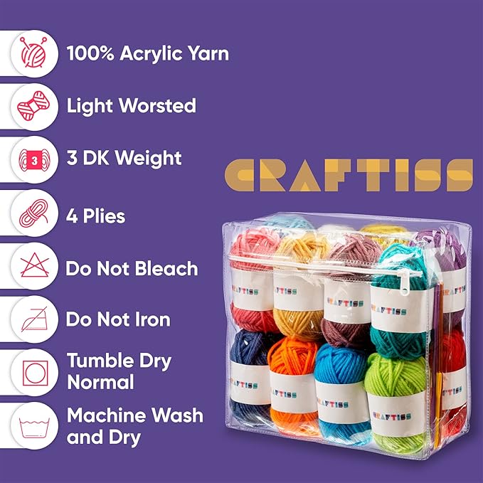 CRAFTISS 16 of 20g/0.7Oz Acrylic Yarn Mini Skeins - 700 Yards of Soft Yarn for Crocheting and Knitting Craft Project, Assorted Starter Crochet Bulk Kit for Adults and Kids