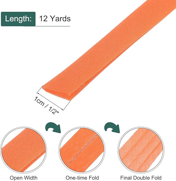 MECCANIXITY 2/5 Inch Double Fold Bias Tape Continuous Bulk Bias Tape for Sewing, Seaming Quilting Hemming Binding Crafts (Orange 12 Yards)