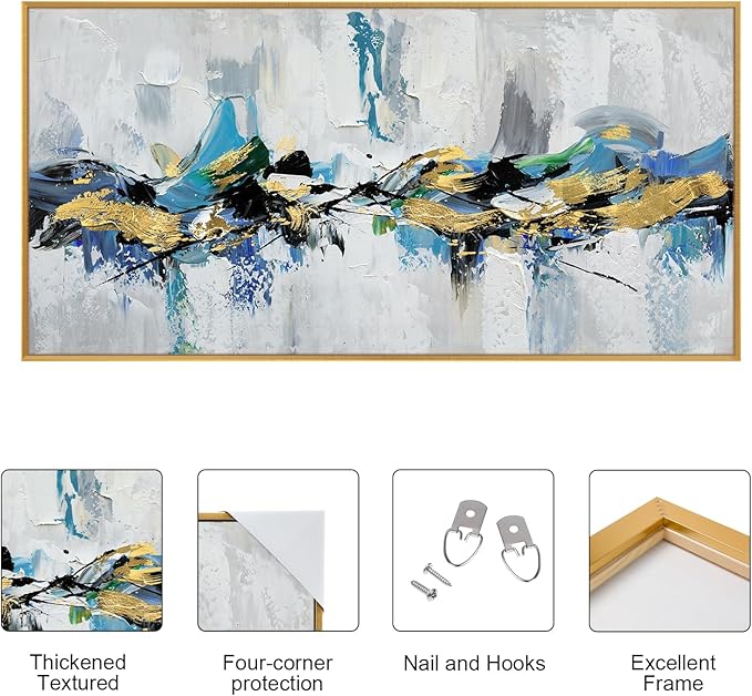 Large 100% Hand Painted Oil Painting 3D Texture Framed Canvas Wall Art White Black Blue Green Home Decor Abstract Gold Leaf Wall Painting for Living Room Bedroom Office 48x24in