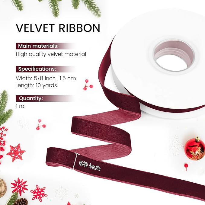 Wine Red Velvet Ribbon, 5/8 inch 10 Yards Vintage Velvet Ribbons Perfect for Christmas Tree Ornaments, Gift Wrapping, Wedding Decoration, Bows, Sewing, Crafts, Wreath and More