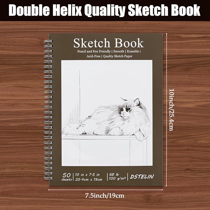 DSTELIN 10 x 7.5 Inch Spiral Bound Sketch Book for Drawing, 50 Sheets 68LB/100GSM Acid-Free Paper, Hardcover Sketch Pad for Students and Adults