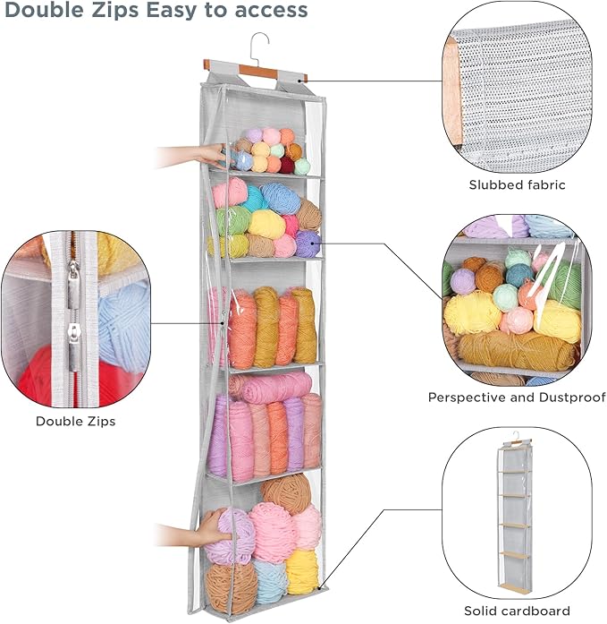 Hanging Yarn Storage with 5 Large Pockets, Clear Knitting Organizer Storage with Zippers for Crochet Lovers, Hanging Yarn Holder with Over-Door Hooks for Knitting Needles Crochet Hooks, Grey