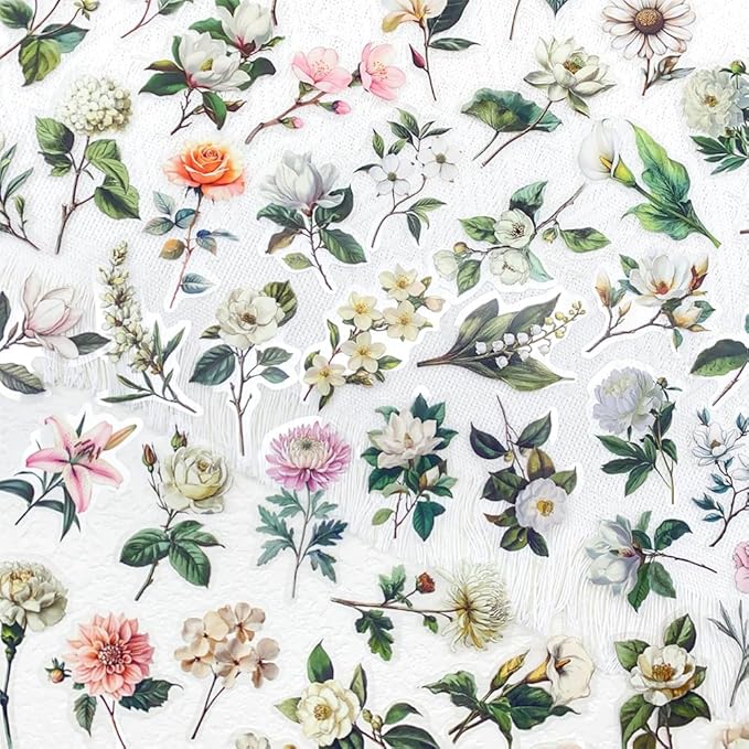 50pcs White Flower Scrapbook Stickers – Vintage Botanical Clear Floral Aesthetic Stickers for Journaling, Scrapbooking, Cards, Planners