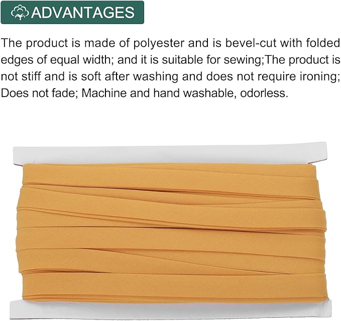 MECCANIXITY 1/2 Inch Double Fold Bias Tape Continuous Bulk Cotton Bias Tape for Sewing Seaming Quilting Hemming Binding Crafts (Dark Yellow 25 Yards)