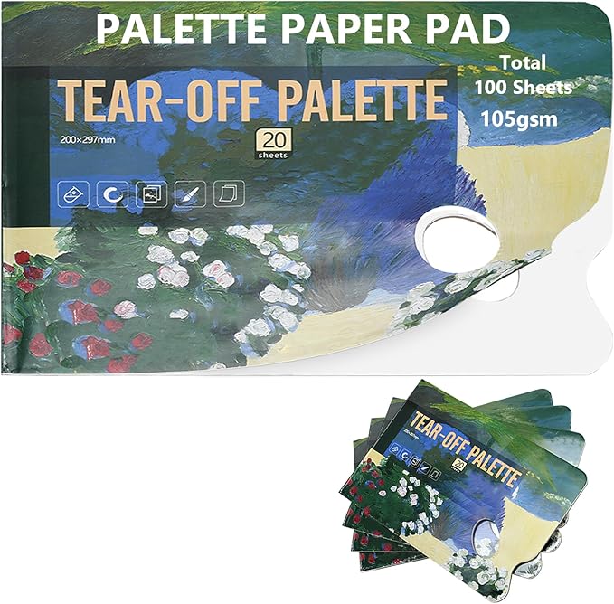 Tear-Off Paint Palette Paper Pad, 105gsm, Disposable Mess-Free Paint Tray, 5-Pack 100 Sheets for Watercolor, Acrylic, Gouache, Oil, and Ink Painting (Small 100 Sheets 7.8''x11.7'')