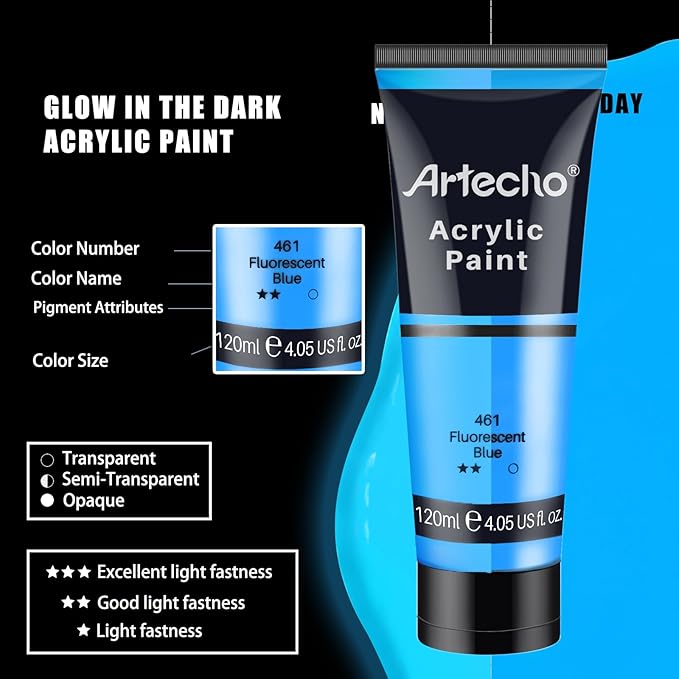 Artecho Glow in the Dark Paint, Neon Neutral Paint (120ml / 4.05oz) Tubes, Art Craft Paints for Canvas, Rock, Stone, Wood, Fabric, Art Supplies
