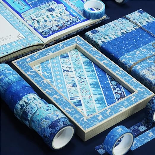 Winter Washi Tape Set 10 Rolls - Blue White Snowflake Flower Tree Decorative Tape for Bullet Journal, Planner, DIY Arts Crafts, Scrapbooking