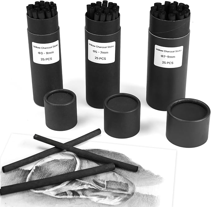 Willow Charcoal Sticks, Natural Willow Charcoal Pencils for Artists, Beginners, Students, Great for Sketching, Drawing, and Shading, Pack of 25 (3-9, Millimeters)