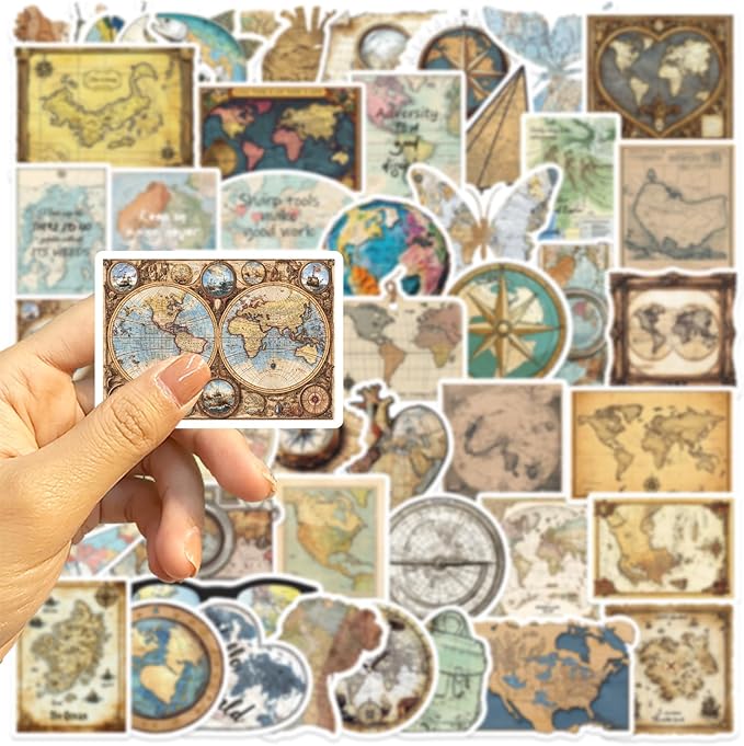 50Pcs Vintage Maps Stickers Pack, Graffiti World Maps Decals for Suitcase Guitar Water Bottles Laptop Computer Scrapbook Kindle Journal, Retro Waterproof Stickers for Adults