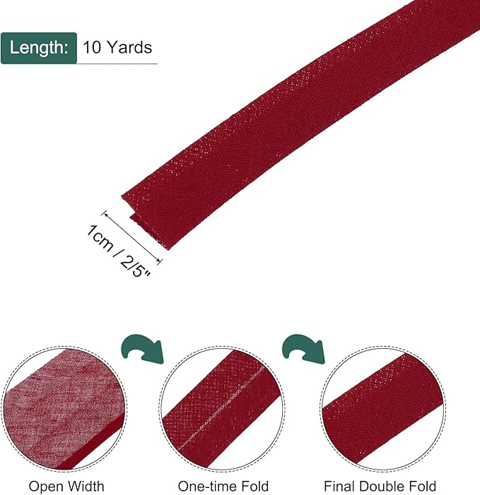 MECCANIXITY 2/5 Inch Double Fold Bias Tape Polyester Continuous Bulk Bias Tape for Sewing,Seaming Quilting Hemming Binding Crafts (Wine Red 10 Yards)