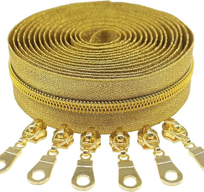 MebuZip #5 Gold Metallic Nylon Coil Zippers by The Yard Bulk Coil Zipper Roll 10 Yards with 25pcs Pulls for DIY Sewing Craft Bags (GoldTape)