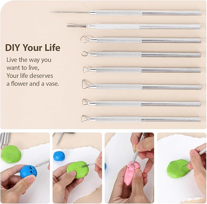 Tovotum 14PCS Ceramic Pottery Clay Ribbon Sculpting Tool Set with Feather Wire Texture and Needle Detail Tools for Carving Modeling