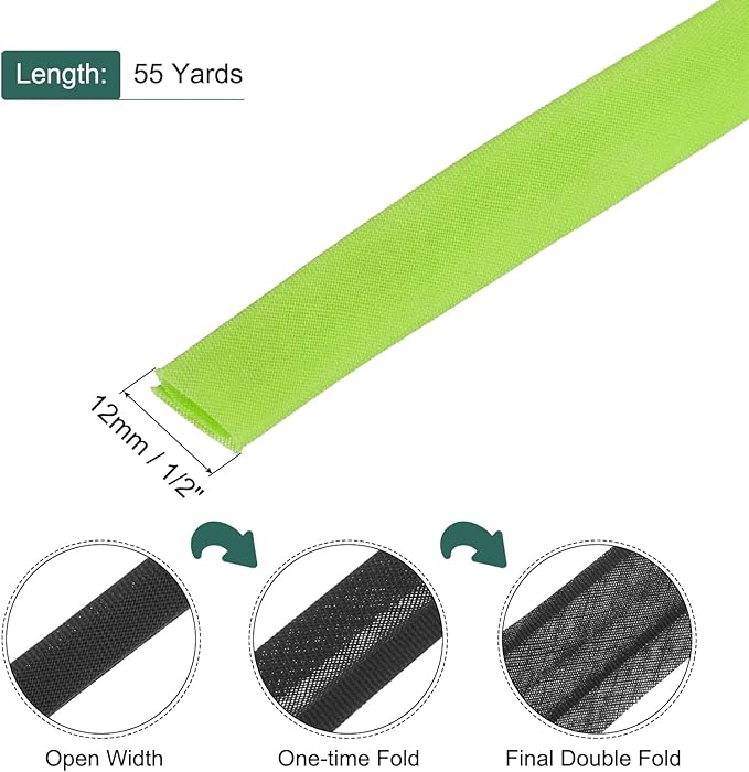 MECCANIXITY 1/2 Inch Double Fold Bias Tape Polyester Continuous Bulk Bias Tape for Sewing,Seaming Quilting Hemming Binding Crafts (Fruit Green 55 Yards)