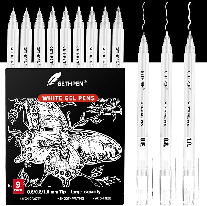 White Gel Pens,0.6mm 08mm 1.0mm Fine Point Opaque White Archival Ink Pen for Black Paper Drawing, Sketching, Illustration, Bullet Journaling, Pack of 9