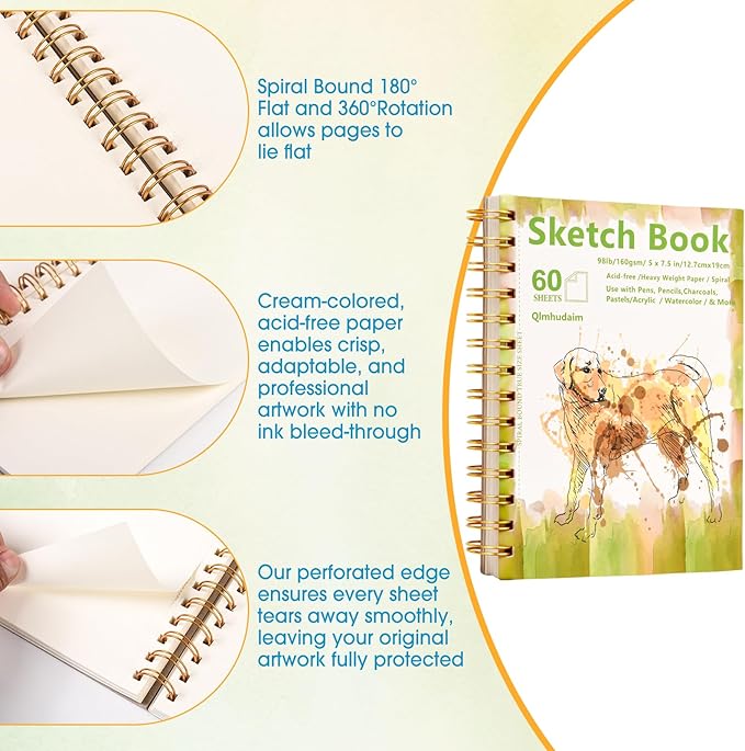 Qlmhudaim Portable Travel Sketchbook | Spiral Bound 4x6 with Tear Line, 55 Sheets 98lb/160g | for Watercolor & Quick Sketching |Portable Travel Art Suitable for Kids, Adults & Artists