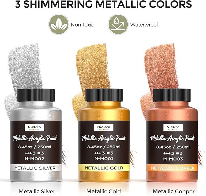 Nicpro Acrylic Paint Metallic, 3 Colors Gold, Silver, Copper 25.35oz/750ml Gold Leaf Paint, Non Toxic, Non Fading for Art Painting, Handcrafts, Ideal for Multi-surface, Canvas, Wood, Clay, Metal