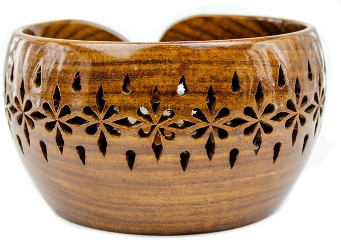 Nagina International Rosewood Crafted Wooden Yarn Storage Bowl With Carved Holes & Drills | Knitting Crochet Accessories (Medium)