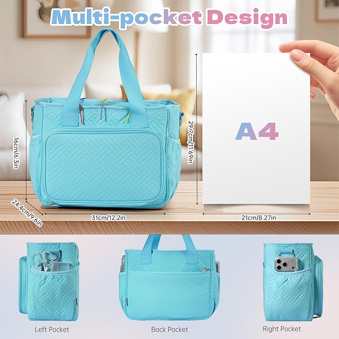 Dadanism Crochet Bag, Knitting Tote Bag, Yarn Storage Holder with Handle & Shoulder Strap, Yarn Storage Organizer for Crocheting Knitter, Crochet Hooks, Knitting Needles Kit, Sewing Supplies, Blue