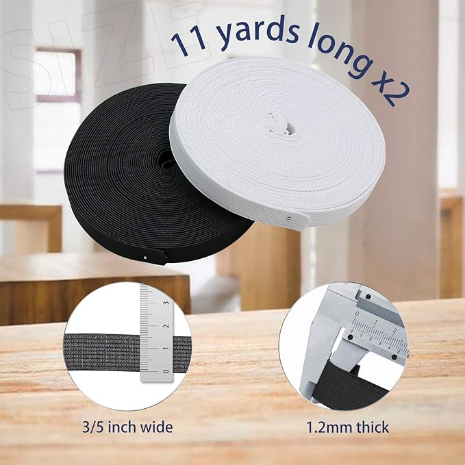 5/8 Inch 2 Rolls Elastic Band Roll Elastic Spool Stretch Strap for Sewing Trouser Skirt (White 11Yard, Black 11Yard)