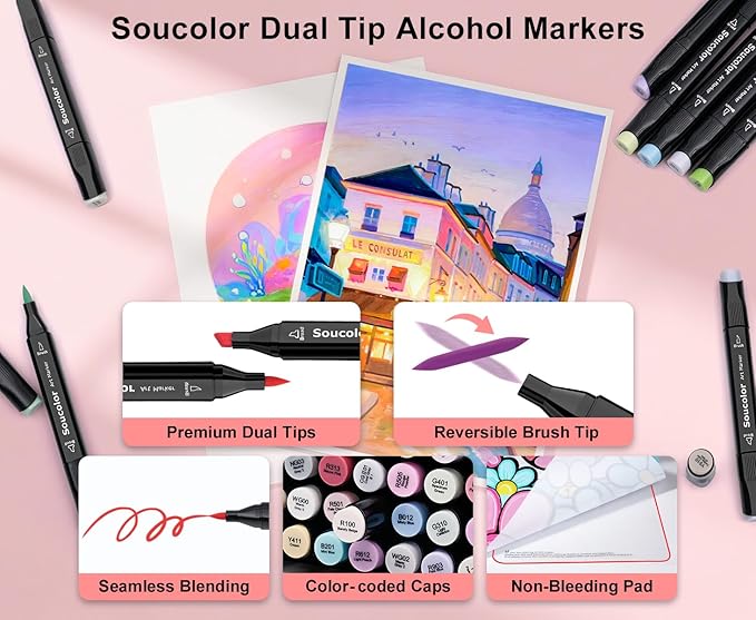 Soucolor 61 Colors Pastel Alcohol Based Markers Set | Professional Dual Tip Art Markers with Brush & Chisel Tips | Includes 1 Blender & Carry Case | For Artists, Adults Coloring, Drawing, Illustration