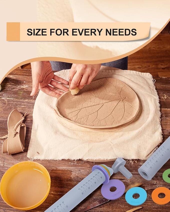 eZAKKA Adjustable Rolling Pin with Thickness Rings, 12inch Clay Pottery for Clay Tools, Pottery Tools with Clay Slab Roller & Clay Guides Sticks