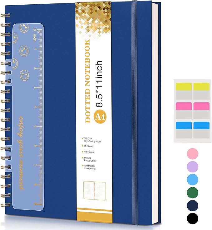 Dotted Notebook, Spiral Notebook Journal 8.5” x 11”, A4 Large Dot Grid Notebooks for Women Men, 100 GSM Dotted Paper, Plastic Hardcover Spiral Bullet Journals for Work School Sketching, Navy