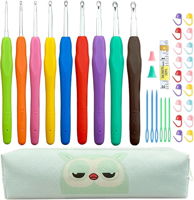 Weabetfu Crochet Hook 9 Sizes Crochet Hook Set,50pcs Yarn Crochet Kit for Beginners Ergonomic Soft Handles for Arthritic Hands,Crochet Needles Kit with Case for Crocheters(2mm-6mm)